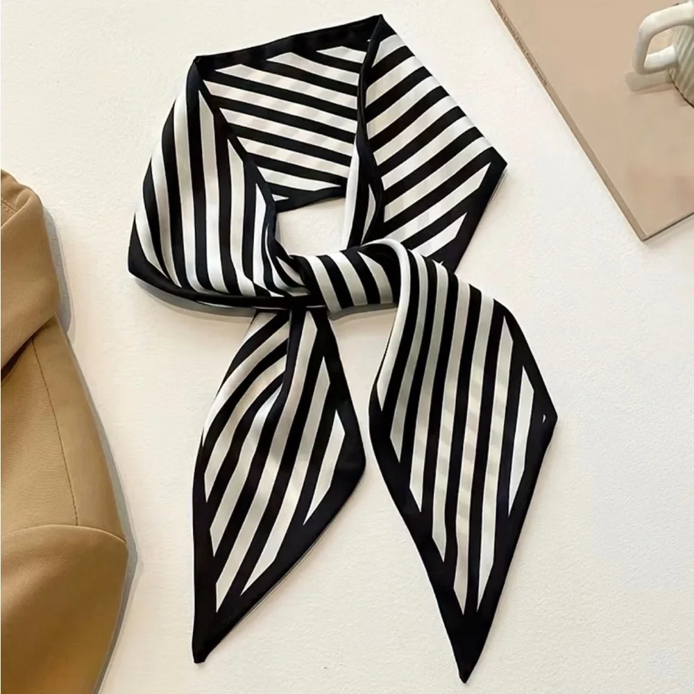 Set of 4 Black White French Style Twilly Scarves | Silk Feel Skinny Scarf | Bag